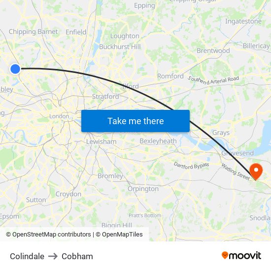 Colindale to Cobham map