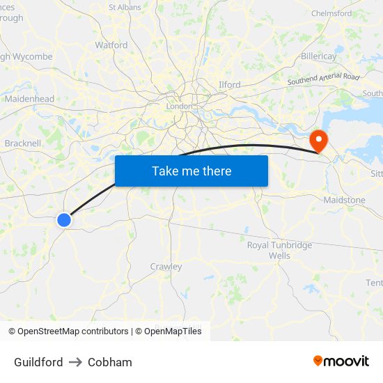 Guildford to Cobham map