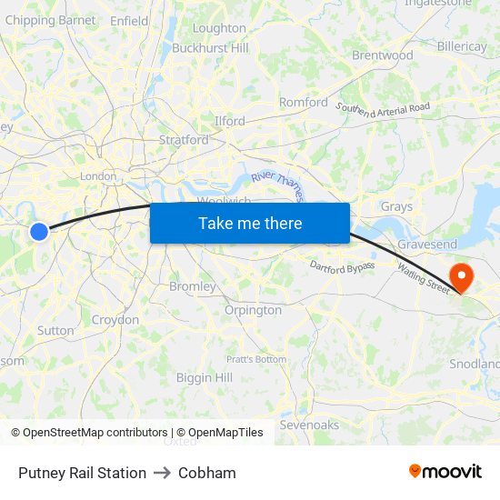 Putney Rail Station to Cobham map