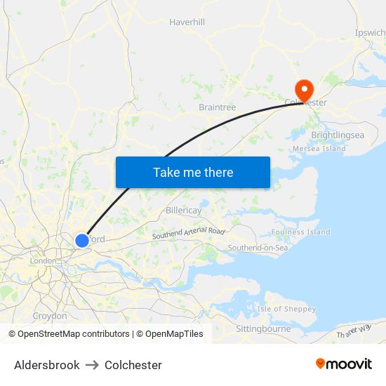 Aldersbrook to Colchester map