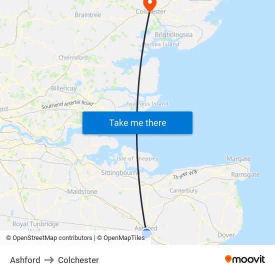 Ashford to Colchester map