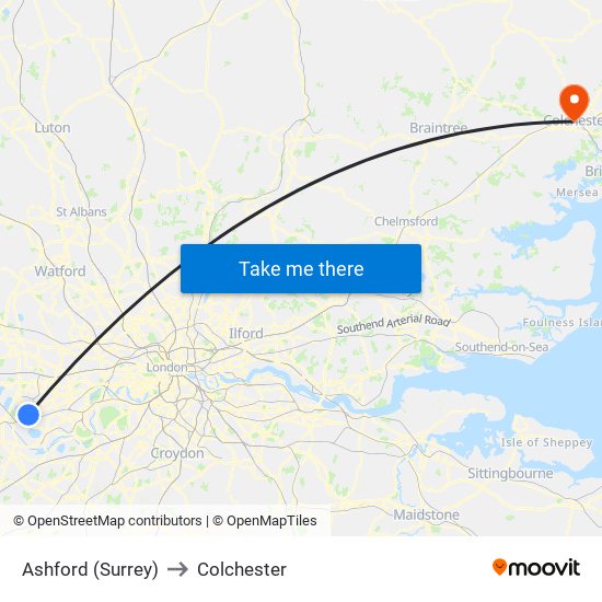 Ashford (Surrey) to Colchester map