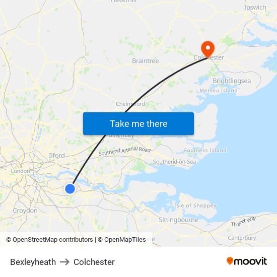 Bexleyheath to Colchester map