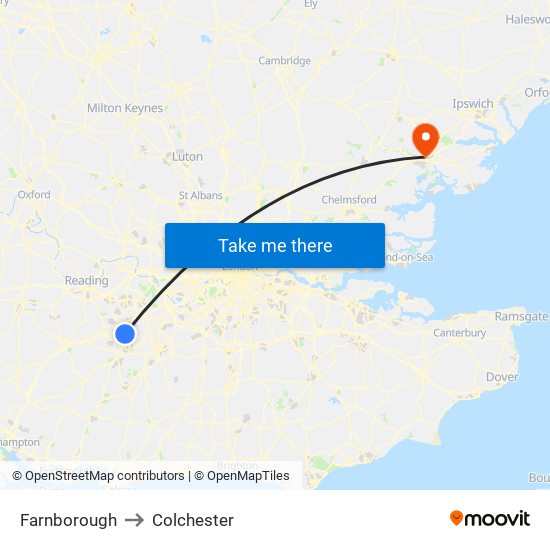 Farnborough to Colchester map