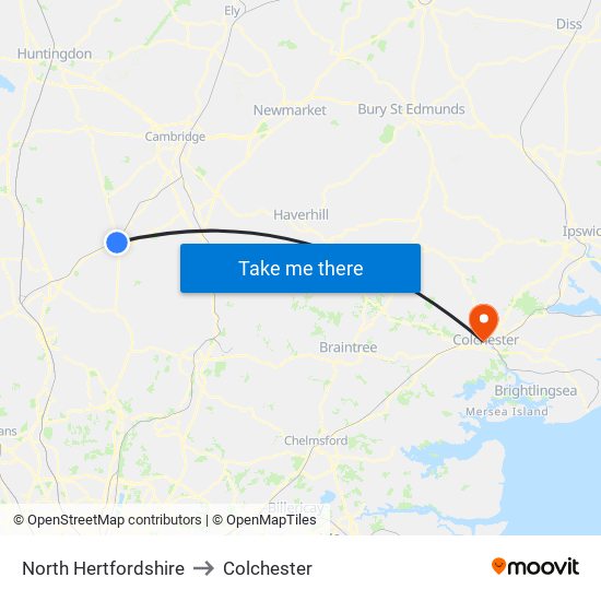 North Hertfordshire to Colchester map