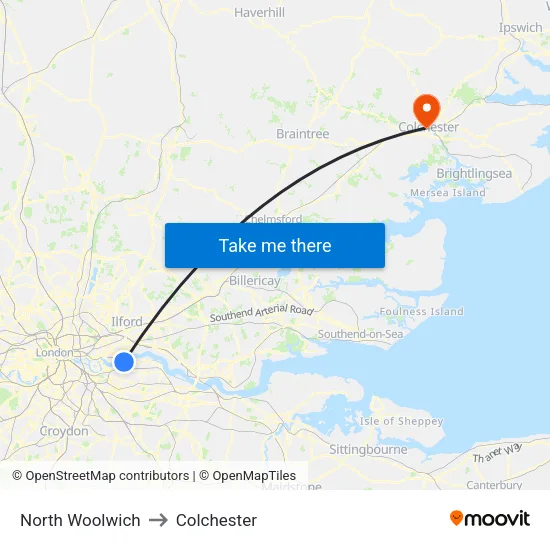 North Woolwich to Colchester map