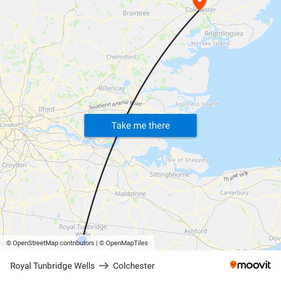 Royal Tunbridge Wells to Colchester map