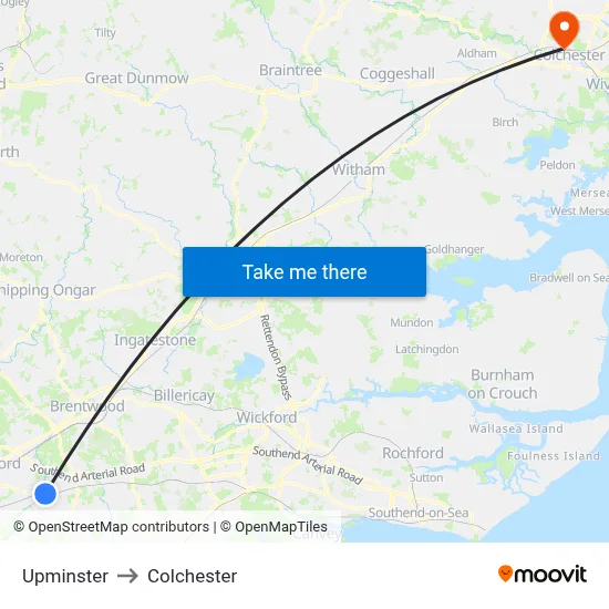 Upminster to Colchester map