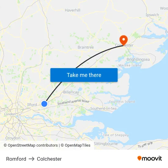 Romford to Colchester map