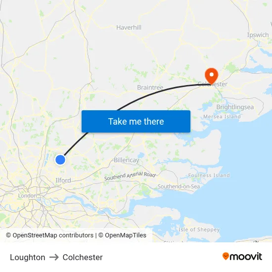 Loughton to Colchester map