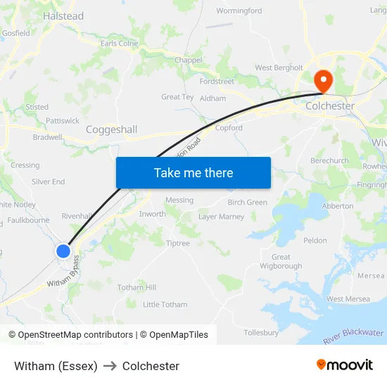 Witham (Essex) to Colchester map
