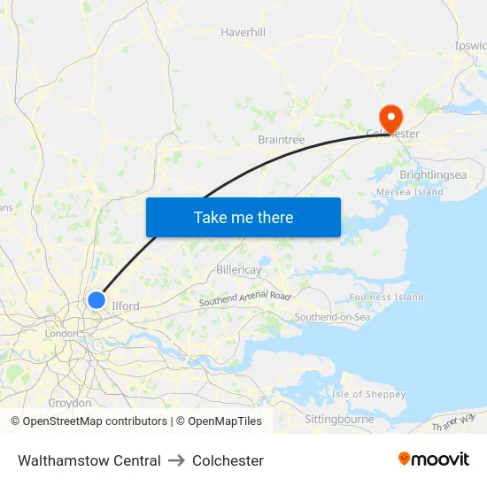 Walthamstow Central to Colchester map