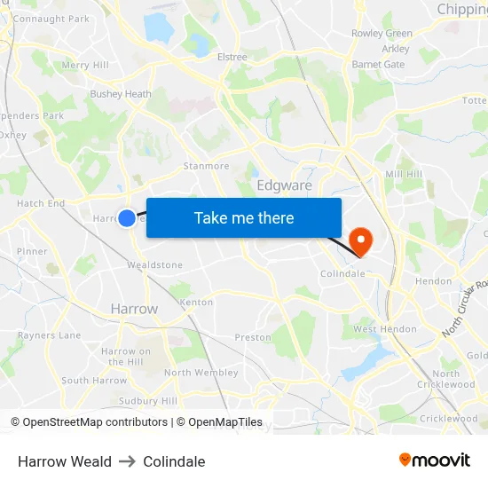 Harrow Weald to Colindale map