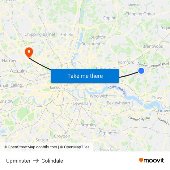 Upminster to Colindale map