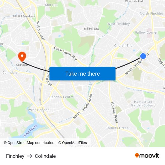 Finchley to Colindale map