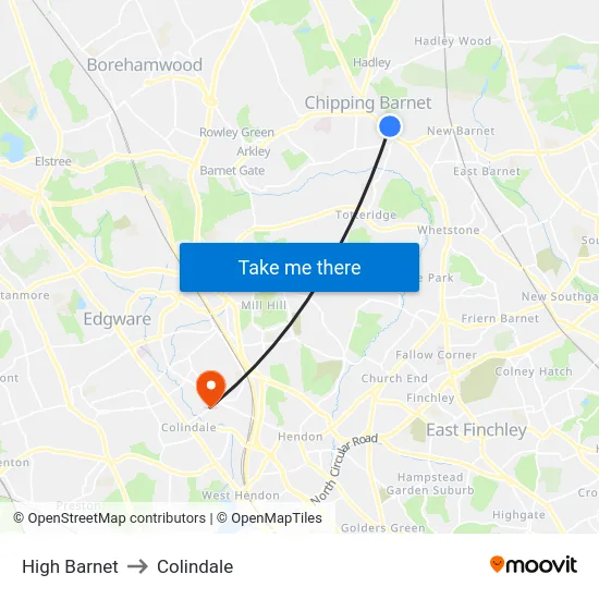 High Barnet to Colindale map