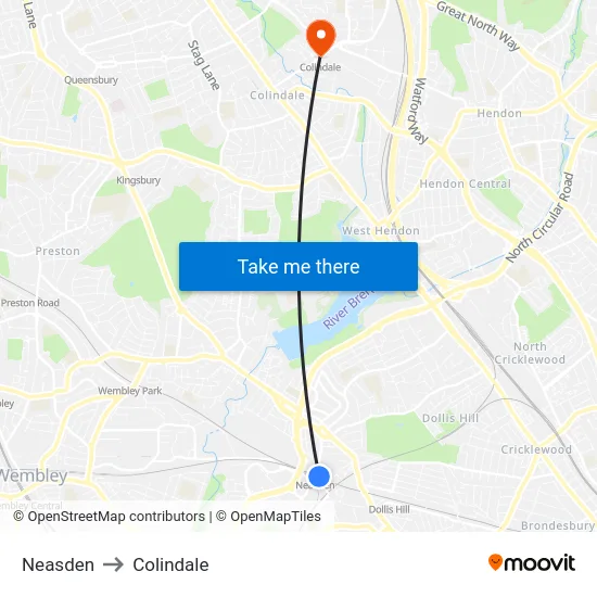 Neasden to Colindale map