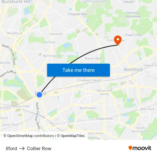 Ilford to Collier Row map