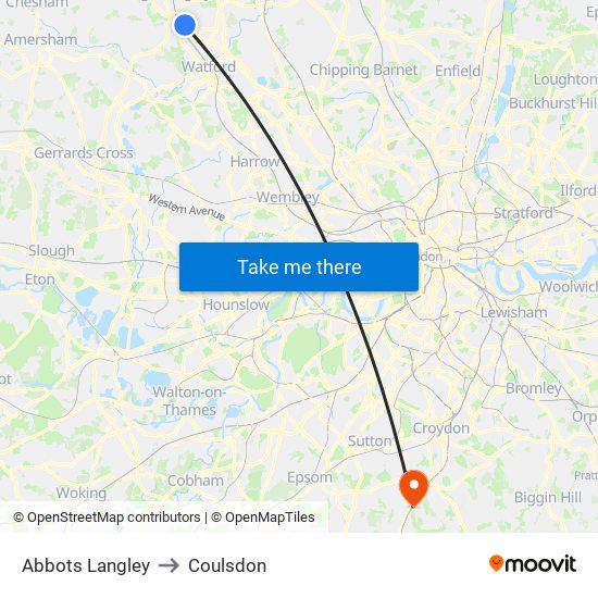 Abbots Langley to Coulsdon map