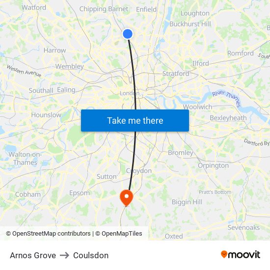 Arnos Grove to Coulsdon map