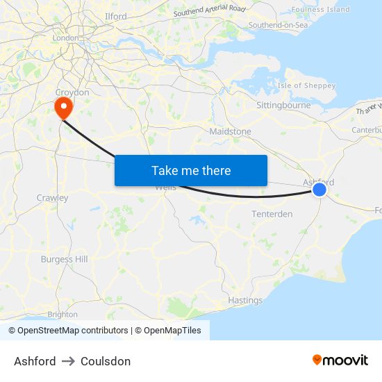 Ashford to Coulsdon map