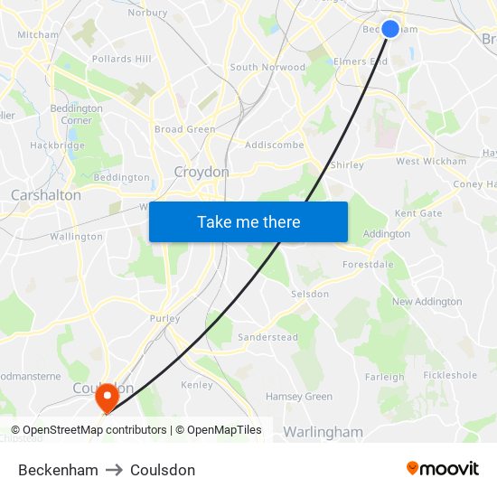 Beckenham to Coulsdon map