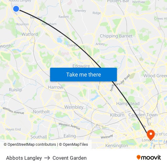 Abbots Langley to Covent Garden map