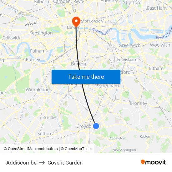 Addiscombe to Covent Garden map