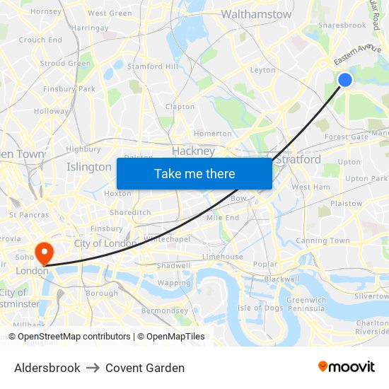 Aldersbrook to Covent Garden map