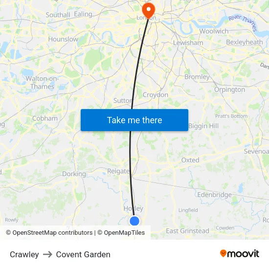 Crawley to Covent Garden map