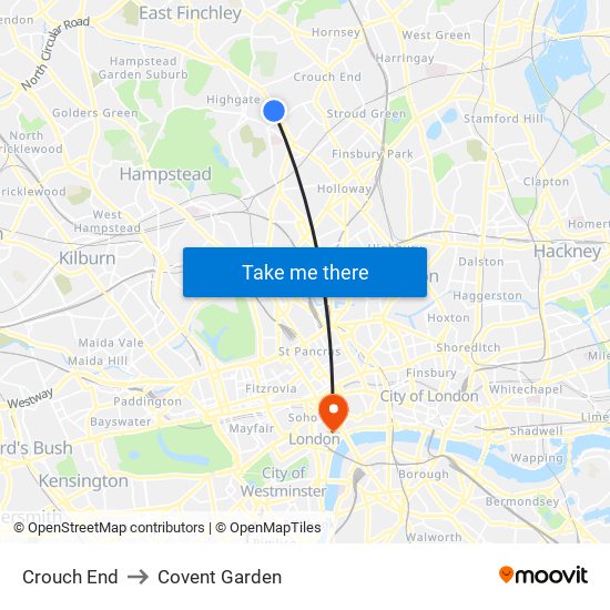 Crouch End to Covent Garden map