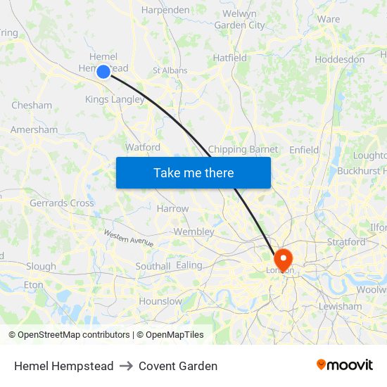 Hemel Hempstead to Covent Garden map