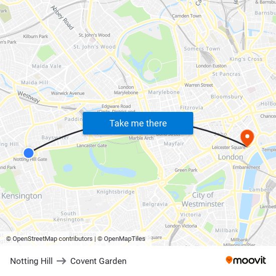 Notting Hill to Covent Garden map