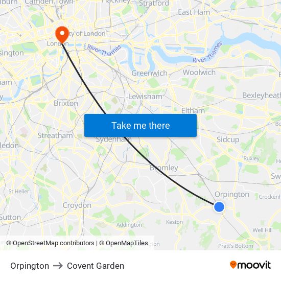 Orpington to Covent Garden map