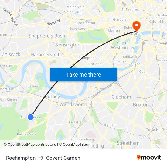 Roehampton to Covent Garden map