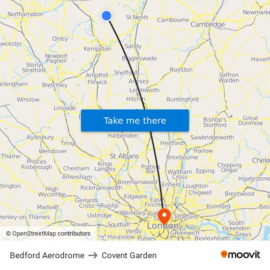 Bedford Aerodrome to Covent Garden map