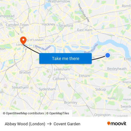 Abbey Wood (London) to Covent Garden map