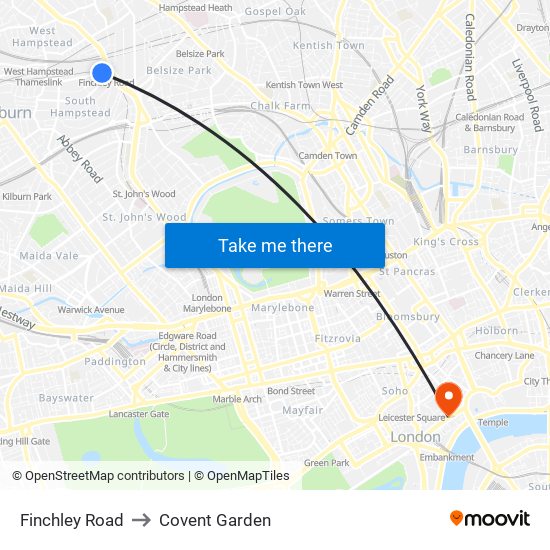 Finchley Road to Covent Garden map