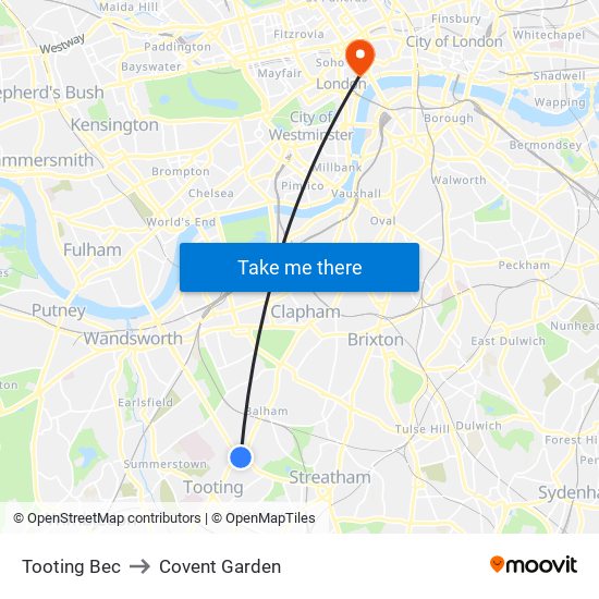 Tooting Bec to Covent Garden map