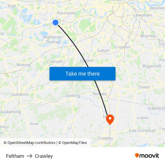 Feltham to Crawley map