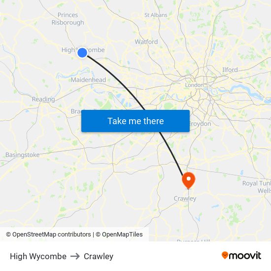 High Wycombe to Crawley map