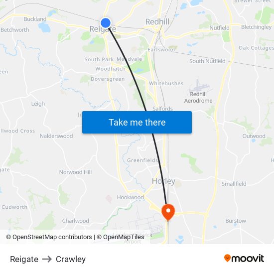 Reigate to Crawley map