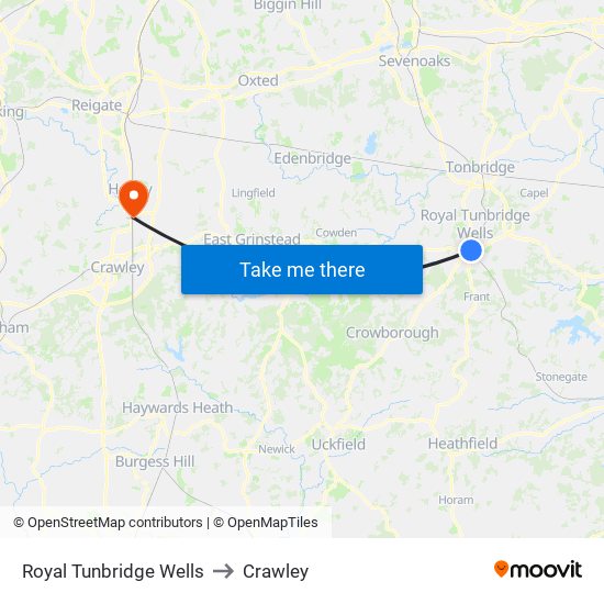 Royal Tunbridge Wells to Crawley map