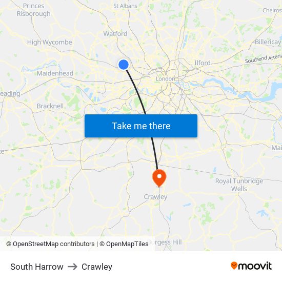 South Harrow to Crawley map