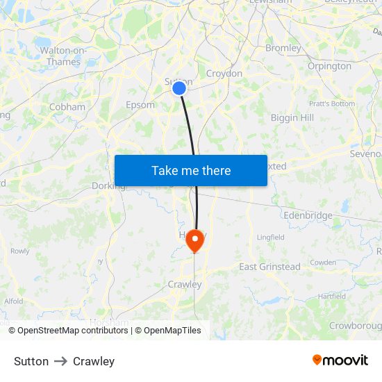 Sutton to Crawley map