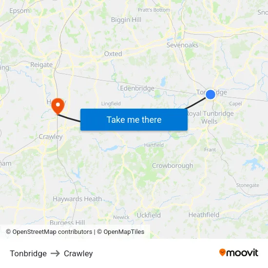 Tonbridge to Crawley map