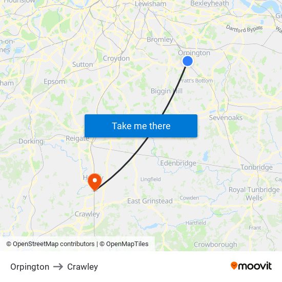 Orpington to Crawley map