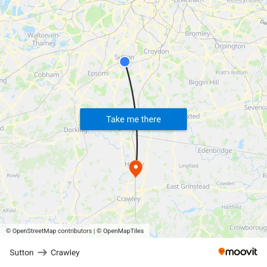 Sutton to Crawley map
