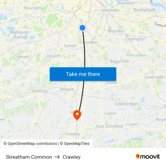 Streatham Common to Crawley map