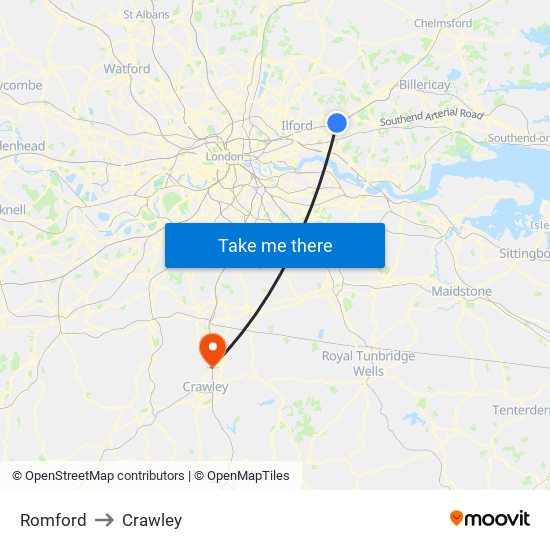 Romford to Crawley map